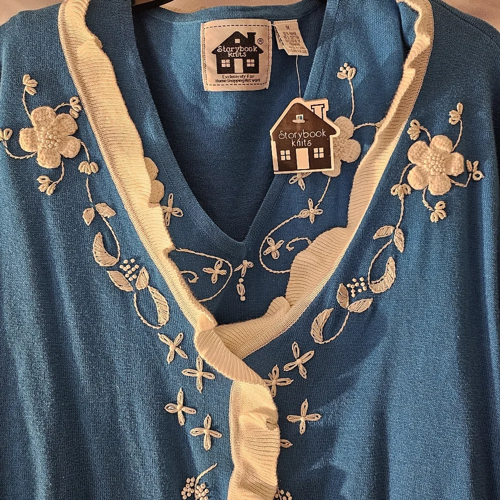 Storybook Knits Cardigan & Sleeveless Top Blue Xl Vintage Embroidery Long‎